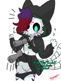 2_tails 4_fingers adolescent anthro black_bottomwear black_clothing black_hoodie black_skirt black_topwear bottomwear clothed clothing disembodied_hand duo featureless_hands female female_focus fingers flat_chested fur genitals green_hair hair hood hoodie humanoid_genitalia humanoid_vulva looking_at_another markings mask multi_tail multicolored_hair nipples partially_clothed pink_nipples pink_vulva purple_hair raised_bottomwear raised_clothing raised_hoodie raised_skirt raised_topwear red_hair short_hair simple_background skirt standing striped_markings striped_tail stripes tail tail_markings talking_to_another text topwear underwear underwear_down vulva wearing_mask white_background white_body white_fur white_tail young young_anthro young_female conditional_dnp xammyxx anon demi_(xammyxx) domestic_cat felid feline felis mammal 2026 3:4 digital_media_(artwork) english_text hi_res ibispaint_(artwork) shaded signature watermark