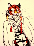 anthro clothed clothing hand_in_pocket male open_clothing open_shirt open_topwear pockets shirt solo topwear whiskers redflingfox felid mammal pantherine tiger 2014 3:4 half-length_portrait portrait