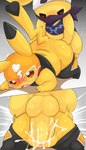 2_toes 3_fingers all_fours arch_position balls big_balls big_butt big_penis black_clothing black_kerchief bodily_fluids bottomwear bottomwear_down brown_eyes brown_sclera butt clothed clothing cosplay_pikachu_(costume) cum cum_in_pussy cum_inside doggystyle duo ejaculation erection feet female female_penetrated feral feral_on_feral feral_penetrated feral_penetrating feral_penetrating_feral fingers from_behind_position from_front_position fur genital_fluids genitals glistening glistening_balls glistening_body glistening_butt glistening_eyes glistening_genitalia glistening_penis glistening_skin hand_on_butt heart_symbol humanoid_genitalia humanoid_penis kerchief leaking_cum male male/female male_penetrating male_penetrating_female mask multicolored_clothing nude on_top open_mouth orange_clothing pants pants_down partially_clothed penetration penile penile_penetration penis pupils pussy sex simple_background tail tears thick_penis thick_thighs toes tongue two_frame_image two_panel_image vaginal vaginal_penetration white_pupils yellow_balls yellow_body yellow_fur yellow_penis yellow_pussy type nintendo pokemon team_aqua pikachu_libre generation_1_pokemon mammal pikachu pokemon_(species) rodent 2025 absurd_res colored digital_drawing_(artwork) digital_media_(artwork) hi_res shaded