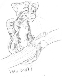 ambiguous_feral ambiguous_gender feral in_tree inner_ear_fluff looking_at_viewer markings mouth_closed one_eye_closed plant quadruped simple_background sitting solo spots spotted_legs spotted_markings spotted_tail tail tail_markings tree tuft whiskers pandapaco felid mammal monochrome sketch