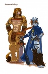 abs anthro armor bag belt blue_eyes bracelet braided_hair bulge claws cloak cloth clothed clothing digital_media_(artwork) duo eye_patch eyewear felid fur gideon gideon's_bestiary gloves gold_(metal) green_eyes hair handwear headgear helmet hi_res jewelry larger_male leg_warmers legwear lion mace male mammal markings melee_weapon muscular nipples outside pantherine ponytail red_hair ribbons size_difference smaller_male sword tail tail_tuft thick_thighs tuft unconvincing_armor weapon