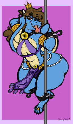 anthro armband armlet brown_hair carabiner clothed clothed_anthro clothed_male clothing collar crossdressing crown dancer_outfit dancing digit_ring feet femboy gold_(metal) gold_jewelry hair harem_outfit headgear heart_eyes heart_symbol jewelry looking_at_viewer male male_anthro non-mammal_hair one_eye_closed pole pole_dancing ring scales sharp_teeth smile smiling_at_viewer solo stripper_pole teeth toe_ring toes tongue tongue_out wink winking_at_viewer heftyhoard bluetooth_the_kobold kobold scalie digital_drawing_(artwork) digital_media_(artwork) hi_res signature