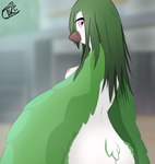 anthro beak big_butt bottomless breasts brown_beak butt calm clothed clothing day elegant exposed exposed_breasts exposed_butt eyelashes feathered_wings feathers female green_body green_feathers green_hair hair light long_hair looking_at_viewer medium_breasts messy_hair nipples nude pink_eyes pink_nipples pose public public_nudity serious side_boob side_view small_waist solo standing sunlight tail tail_feathers thick_eyelashes topless white_body white_feathers wide_hips winged_arms wings cheesycakeart ari_(cheesycakeart) avian bird hi_res watermark