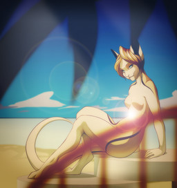 anthro arm_support beach biped blue_eyes blue_sky breasts brown_hair cloud day depth_of_field detailed_background feet female fur hair looking_at_another looking_at_viewer naughty_face nude outside paws peeping pose sand sea seaside seductive short_hair side_view sitting sky solo sun sunset tan_body tan_fur water kyander felid mammal unknown_species 2013 hi_res pinup