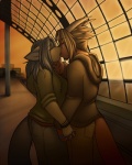 anthro breasts clothing detailed_background duo female hoodie kissing male romantic romantic_ambiance romantic_couple station tail topwear lockworkorange mythology blue_(lockworkorange) canid canine dragon mammal mythological_creature mythological_scalie scalie 2010 4:5 digital_media_(artwork) shaded warm_colors