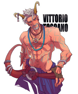 2_horns 5_fingers abs accessory arm_tattoo beaded_jewelry beaded_necklace beads belly_hair belly_tattoo belt bent_arm blue_bottomwear blue_clothing body_hair bottomwear bracelet brown_clothing brown_fingerless_gloves brown_gloves brown_handwear brown_horn chest_hair clothed clothed_humanoid clothed_male clothing ear_piercing ear_ring eyebrows facial_hair fingerless_gloves fingers furgonomic_piercing furgonomics gloves goatee grey_bracelet grey_eyebrows grey_facial_hair grey_goatee grey_hair hair hand_on_hip hand_on_own_hip handwear horn humanoidized jewelry light male male_humanoid mature_humanoid mature_male muscular muscular_humanoid muscular_male navel necklace not_furry pecs piercing red_belt red_eyes red_tail ring ring_piercing shirtless_humanoid shirtless_male short_hair simple_background solo spade_tail spiked_piercing tail tail_accessory tail_jewelry tail_piercing tail_ring tail_ring_(piercing) tan_body tan_skin tattoo text white_background amon_sheep dead_by_daylight vittorio_toscano horned_humanoid humanoid tailed_humanoid 2022 character_name colored digital_drawing_(artwork) digital_media_(artwork) half-length_portrait lighting portrait shaded
