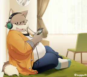 anthro bottomwear clothing electronics eyewear glasses headphones inside kemono male overweight overweight_anthro overweight_male pants phone shirt sitting solo topwear zuppu11 canid canine canis domestic_dog mammal 2015 hi_res