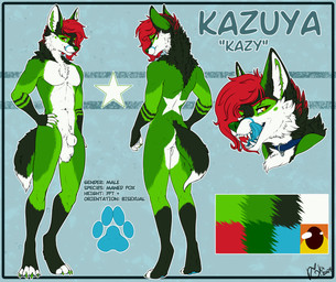 animal_genitalia anthro back_markings biped blue_tongue color_swatch digitigrade front_view fully_sheathed fur genitals green_body green_fur hair looking_at_viewer male markings multicolored_body multicolored_fur red_hair sheath solo text three-quarter_view tongue rika_(artist) kazuya canid canine fox mammal maned_fox 2024 absurd_res character_name dated digital_drawing_(artwork) digital_media_(artwork) english_text hi_res model_sheet signature