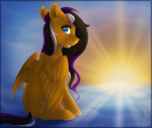 bare_back black_hair blue_eyes cutie_mark eyelashes feathered_wings feathers female feral fur hair hooves looking_back multicolored_hair orange_body orange_feathers outside sitting sky smile solo sun wings yellow_body yellow_fur silentwulv hasbro my_little_pony mythology fan_character equid equine mammal mythological_creature mythological_equine pegasus
