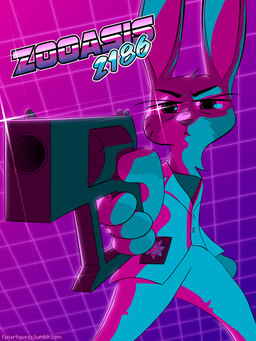 alternate_universe anthro bottomwear clothed clothing female fur grey_body grey_fur grid gun half-closed_eyes handgun narrowed_eyes pants police ranged_weapon solo synthwave text weapon fanartiguess disney zootopia judy_hopps lagomorph leporid mammal rabbit 2016 absurd_res digital_media_(artwork) english_text hi_res portrait three-quarter_portrait url