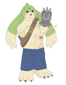 3_toes anthro balls biped bodily_fluids bottomwear bottomwear_down claws clothed clothing cybernetic_arm cybernetic_limb erection feet first_person_view floppy_ears foreskin fur genital_fluids genitals green_body green_fur gun_arm humanoid_genitalia humanoid_penis lop_ears male male_anthro navel nipples partially_clothed penis plantigrade precum shorts shorts_down simple_background slightly_chubby solo toe_claws toes weapon_arm yellow_body yellow_fur rokuyon bandai_namco digimon digimon_(species) gargomon 2026 portrait