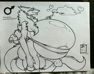 anthro balls big_balls big_breasts big_penis bodily_fluids breasts butt cigar cloth erection fur genitals gynomorph heart_formation heart_symbol huge_breasts hyper hyper_breasts intersex lips long_penis penis shaking smoke smoke_heart solo sweat tail text walter_sache sergal 2016 black_and_white dated english_text monochrome sketch