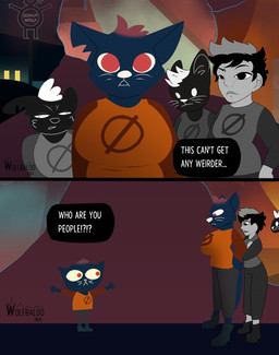 anthro clothed clothing dialogue female multiverse simple_background square_crossover style_emulation tail text topwear wolfbaloo night_in_the_woods mae_borowski domestic_cat felid feline felis human mammal 2026 comic digital_media_(artwork) english_text hi_res monochrome