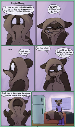 anthro big_breasts breasts female fluffy fluffy_tail huge_breasts kitchen male nipples tail text thought_bubble username dirty_bunny marissa_keys tommy_keys mammal procyonid raccoon comic english_text mother_(lore) parent_(lore) son_(lore)