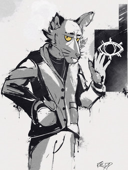 5_fingers anthro beard black_eyes bottomwear claws clothing eye_symbol facial_hair fangs finger_claws fingers front_view frown half-closed_eyes jacket looking_at_viewer male narrowed_eyes notched_ear pants sharp_teeth solo sweater teeth topwear torn_ear whiskers yellow_sclera reddline before_your_eyes ferryman_(before_your_eyes) canid canine mammal 2021 hi_res monochrome spot_color