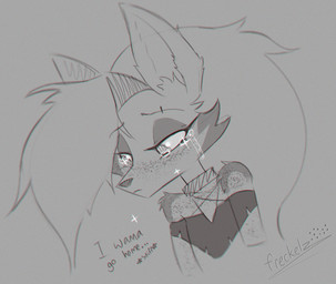 anthro biped bodily_fluids choker crying dialogue eyebrow_piercing facial_piercing female freckled_arms freckled_chest freckled_face freckles frown fur glistening_tears grey_background hair inner_ear_fluff jewelry long_hair necklace piercing sad simple_background sniffing solo talking_to_self teardrop tears text tuft freckelz hellaverse helluva_boss mythology loona_(helluva_boss) canid canid_demon canine demon hellhound mammal mythological_canine mythological_creature 2024 artist_name bust_portrait english_text greyscale monochrome portrait
