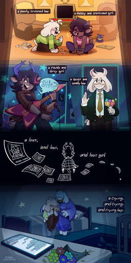 anthro bed brown_body brown_fur clothing duo electric_guitar electronics eyewear female flower fur furniture glasses green_clothing green_shirt green_topwear guitar horn inside male musical_instrument phone plant plucked_string_instrument shirt string_instrument text topwear white_body white_fur stephsartlab deltarune undertale undertale_(series) asriel_dreemurr dess_holiday toriel bovid caprine deer goat mammal new_world_deer reindeer 1:2 2025 hi_res