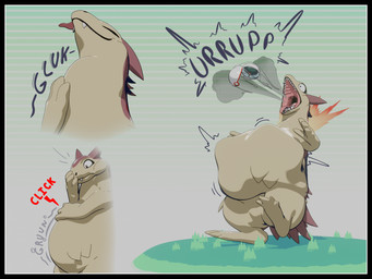 accidental_vore ambiguous_gender ambiguous_prey black_border border bulging_belly burp_cloud burping burping_up_object neck_bulge object_vore onomatopoeia simple_background soft_vore sound_effects struggling struggling_prey text unwilling_prey vore marvelouseyes nintendo pokemon generation_2_pokemon pokemon_(species) typhlosion 4:3 blender_(artwork) blender_eevee_(artwork) comic digital_media_(artwork) hi_res