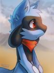 ambiguous_gender anthro biped black_body black_fur blue_body blue_fur cloud daww detailed_background fur looking_away outside red_eyes scarf sky solo standing haychel nintendo pokemon fan_character leon_(haychel) canid canine generation_4_pokemon mammal pokemon_(species) riolu 2015 absurd_res digital_media_(artwork) half-length_portrait hi_res portrait