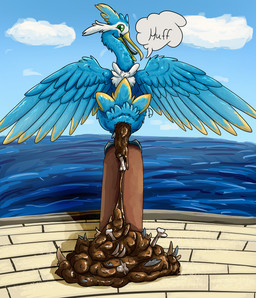 after_vore animal_genitalia avian_feet beak blue_body bone butt cloaca disposal facial_markings feathered_crest feathered_wings feathers feces feet feral genitals green_eyes head_crest head_markings looking_at_viewer looking_back looking_back_at_viewer male markings mask_(marking) membrane_(anatomy) pier pooping rear_view sea tail tail_feathers toes vore water webbed_feet white_markings wings yellow_markings gyrotech nintendo pokemon fan_character thunk_(gyro) avian cramorant generation_8_pokemon pokemon_(species) hi_res