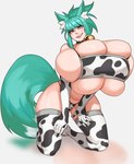 animal_print animal_print_bikini animal_print_thigh_highs armwear barely_contained barely_contained_breasts big_breasts bikini breasts cleavage clothed clothing cow_print cow_print_armwear cow_print_bikini cow_print_thigh_highs cowbell elbow_gloves eyelashes female gloves green_hair green_tail grey_background grin hair handwear huge_breasts legwear lips looking_at_viewer pattern_bikini pattern_clothing pattern_legwear pattern_swimwear pattern_thigh_highs simple_background skindentation smile solo swimwear tail thigh_highs two-piece_swimsuit under_boob strongmoist animal_humanoid canid canid_humanoid canine canine_humanoid fox_humanoid humanoid mammal mammal_humanoid absurd_res hi_res