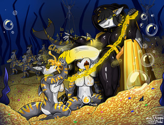 bdsm bondage bound chain chair coin drone ejaculation female furniture gold_(metal) gold_coin group hypnosis hypnotic_visor intersex kneeling magic mind_control null_bulge open_mouth pile_of_gold shark_tail throne underwater water riggedreded aquatic fish shark 2026 hi_res