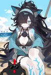 accessory anthro arm_markings beach belly belly_markings bikini bikini_bottom bikini_top black_body black_hair blue_eyes blush breasts cleavage clothed clothing eyebrows eyelashes female group hair hair_accessory hair_over_eye hairband inner_ear_fluff jacket jewelry kemono leg_markings legband long_hair looking_at_viewer male markings messy_hair mohawk muscular muscular_male navel necklace one_eye_obstructed open_mouth ponytail pose pupils red_hair shoulder_markings sitting slit_pupils swimwear thighband topwear tuft two-piece_swimsuit wearing_sunglasses white_body ebora ponos_corp. the_battle_cats kasli kasli_the_bane killer_cat swimmer_cat animal_humanoid felid felid_humanoid feline feline_humanoid humanoid mammal mammal_humanoid 2024 detailed digital_drawing_(artwork) digital_media_(artwork) hi_res portrait