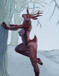 anthro antlers areola breasts deer female full-length_portrait hattonslayden hi_res hooves horn leaning leaning_forward leaning_on_object mammal new_world_deer nipples nude on_one_leg outside plant portrait pose reindeer side_view snow solo standing tasteful_nudity tree