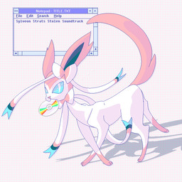 ambiguous_gender blue_eyes cd fur looking_at_viewer object_in_mouth pink_body pink_fur raised_tail ribbons_(anatomy) solo tail text naircat microsoft microsoft_windows nintendo pokemon windows_3.1 eeveelution generation_6_pokemon pokemon_(species) sylveon 1:1 english_text
