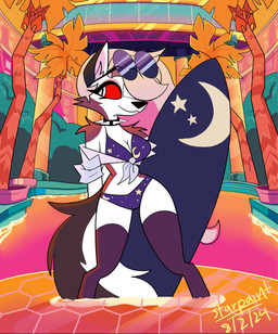 anthro arm_tuft bikini clothing collar crescent_moon detailed_background digitigrade eyewear eyewear_on_head female fur grey_body grey_fur hair hair_over_eye long_hair midriff moon pink_water plant pupils red_sclera shoulder_tuft slit_pupils small_waist smile solo spiked_collar spikes star_pattern sunglasses sunglasses_on_head surfboard swimming_pool swimwear tail tree tuft two-piece_swimsuit wearing_sunglasses white_body white_eyes white_fur wide_hips starpaintart hellaverse helluva_boss mythology loona_(helluva_boss) canid canid_demon canine demon hellhound mammal mythological_canine mythological_creature 2024 hi_res