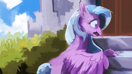 blue_hair building cloud door eyelashes feathered_wings feathers female feral fur hair long_hair nude open_mouth outside plant purple_body purple_eyes purple_feathers school shrub sky solo stairs tongue wings paperdrop european_mythology friendship_is_magic greek_mythology hasbro my_little_pony mythology silverstream_(mlp) avian hippogriff mythological_avian mythological_creature 16:9 2018 hi_res portrait wallpaper widescreen