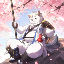 anthro asian_clothing belly blush cherry_blossom cherry_blossom_tree cherry_tree clothing east_asian_clothing flower fruit_tree fur gourd_bottle haori japanese_clothing kemono male melee_weapon overweight plant polearm prunus_(flower) pupils slit_pupils smile solo spear thick_thighs tree weapon white_body white_fur kemonuoc0801 tamacolle chikuzen_(tamacolle) absurd_res hi_res