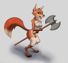 4_toes 5_fingers anthro axe barefoot bedroom_eyes black_nose bodily_fluids bottomwear bottomwear_down breasts clothed clothing digitigrade dipstick_tail double_bitted_axe fangs feet female fingers fluffy fluffy_tail fur genital_fluids greataxe green_eyes grey_background grinding holding_object holding_weapon in_heat looking_at_viewer markings masturbation melee_weapon narrowed_eyes navel orange_body orange_fur pants pants_down partially_clothed saliva saliva_string seductive shadow simple_background solo tail tail_markings teeth toes tongue tongue_out vaginal_fluid_string vaginal_fluids weapon weapon_masturbation white_tail_tip schmutzo canid canine fox mammal hi_res
