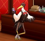 alcohol anthro bar beverage bottomwear bow_tie clothing feathered_wings feathers footwear male pants saloon solo topwear vest wings doritomon avian bird crane_(bird) gruiform hi_res