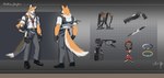 anthro bottomwear clothed clothing front_view fur green_eyes grey_bottomwear grey_clothing grey_pants gun knife male mouth_closed orange_body orange_fur pants ranged_weapon rear_view solo standing topwear weapon white_body white_clothing white_fur white_topwear awaldkize canid canine mammal absurd_res hi_res model_sheet