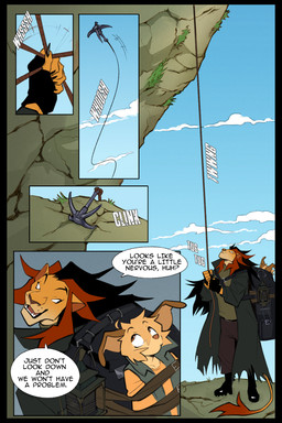 anthro backpack black_border border bound cloud cloudy_sky comic_panel dialogue duo floppy_ears folded_ears grappling_hook hair holding_object landscape_background looking_at_another looking_up male mane mane_hair simple_background size_difference sky skyscape speech_bubble text ksejl mello_(ksejl) rey_(ksejl) canid canine canis domestic_dog felid lion mammal pantherine 2:3 comic english_text full-length_portrait hi_res portrait