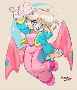 4_fingers accessory anthro barefoot blonde_hair blue_eyes breasts clothing feet female fingers gesture hair hair_accessory hand_gesture membrane_(anatomy) membranous_wings open_mouth pink_clothing pink_nose pointing simple_background smile solo sweater topwear turtleneck wings mousedoll bat mammal 2025 absurd_res digital_media_(artwork) hi_res