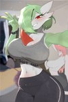 anthro big_breasts biped bottomwear breasts cleavage clothed clothing duo eyelashes female fur green_body hair looking_at_viewer navel pink_hair red_body red_eyes smile solo_focus sportswear teeth white_body white_fur tp10 nintendo pokemon gardevoir generation_3_pokemon humanoid pokemon_(species) absurd_res hi_res