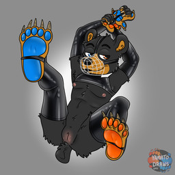 anthro armwear clothing genitals gynomorph intersex latex latex_armwear latex_clothing latex_legwear latex_thigh_highs legwear muzzle_(object) muzzled nipples nude paws presenting solo thigh_highs vulva yamatopawa yamato_burr bear mammal 1:1 absurd_res hi_res