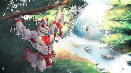 abs anthro armpit_hair biceps body_hair bottomwear bottomwear_aside branch chest_tuft clothing clothing_aside exercise flaccid fur genitals grey_body grey_fur jewelry leaf loincloth loincloth_aside male muscular muscular_anthro muscular_male necklace pecs penis pull-up_(exercise) solo tuft waterfall workout moohanky zane_shade canid canine canis mammal wolf absurd_res hi_res