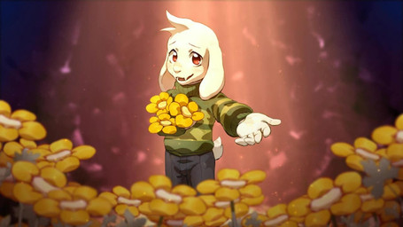 anthro bottomwear clothed clothing extended_arm flower fur green_clothing green_sweater green_topwear looking_at_viewer male pattern_clothing pattern_sweater pattern_topwear plant red_eyes solo standing striped_clothing striped_sweater striped_topwear stripes sweater topwear white_body white_fur young young_anthro leo_volcano undertale undertale_(series) asriel_dreemurr boss_monster_(undertale) bovid caprine mammal 16:9 2018 animated no_sound short_playtime video widescreen