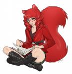 belt book boots breasts clothed clothing crossed_legs eyewear female fluffy fluffy_tail footwear fully_clothed glasses green_eyes hair laces looking_down reading red_hair red_tail shoes sitting small_breasts smile solo tail liche casimira_(orannis0) animal_humanoid humanoid mammal mammal_humanoid rodent rodent_humanoid sciurid sciurid_humanoid tree_squirrel_humanoid signature