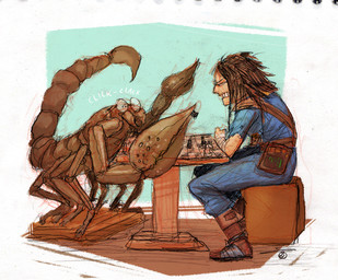abstract_background ambiguous_gender angry brown_hair chess claws clothed clothing duo eyewear feral fully_clothed furniture glare glasses hair long_hair not_furry pincers playing_chess playing_game sitting table text wearing_glasses leona-florianova fallout microsoft professor's_radscorpion_(fallout) the_chosen_one_(fallout) arthropod human mammal radscorpion_(fallout) english_description english_text signature traditional_media_(artwork) female_(lore)