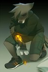 anthro bottomwear clothing eyes_closed fire footwear fur gradient_background looking_down male shoes shorts simple_background solo miles_df canid canine fox mammal 2020 2:3