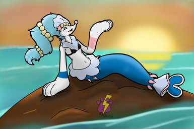 anthro bikini bikini_top blue_hair clothing female hair outside sea solo split_form sunset swimwear two-piece_swimsuit water white_body kynmedia nintendo pokemon aquatic generation_7_pokemon merfolk pokemon_(species) primarina absurd_res hi_res