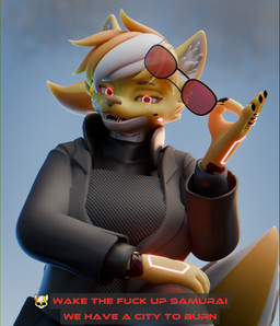 anthro cybernetic_eye cybernetics cyberpunk cyberware eyewear female glowing glowing_eyes gold_(metal) gold_jewelry gold_ring jewelry looking_at_viewer machine profanity smile solo sunglasses text haolde cd_projekt_red cyberpunk_2077 ha1 canid canine canis mammal wolf 3d_(artwork) blender_(artwork) blender_cycles_(artwork) digital_media_(artwork) english_text hi_res