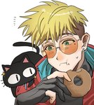 dessert doughnut duo eating eyewear food green_eyes male mole_under_eye pastry simple_background sunglasses white_background aojurujuru trigun trigun_stampede kuroneko_(trigun) vash_the_stampede domestic_cat felid feline felis human mammal hi_res