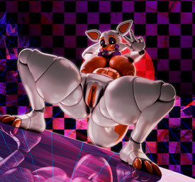 3_toes anthro areola bent_back big_areola big_breasts big_nipples bow_tie breasts breasts_apart checkered checkered_background clitoris crouching dark_areola dark_nipples dutch_angle eyebrows feet female genitals gesture glistening glistening_body hand_behind_head hand_gesture huge_areola huge_breasts lips looking_at_viewer machine mountain nipples orange_areola orange_body orange_eyebrows orange_nipples orange_toes orange_vulva pattern_background puffy_nipples purple_bow_tie purple_eyelids purple_lips reflective_floor sharp_teeth simple_background solo spread_legs spreading sun synthwave tail teeth toes v_sign vulva white_body zelyonka octal_(modeler) five_nights_at_freddy's five_nights_at_freddy's_world scottgames lolbit_(fnaf) animatronic canid canine fox mammal robot robot_anthro 2026 3d_(artwork) absurd_res digital_media_(artwork) full-length_portrait hi_res portrait watermark