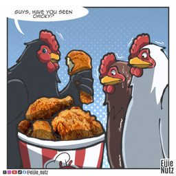 avian_caruncle beak black_body black_feathers bodily_fluids brown_body brown_feathers cannibalism chicken_meat comb_(anatomy) constricted_pupils derp_eyes eating eating_food feathers feral food fried_chicken group head_crest holding_food holding_object looking_down male meat pupils shaking small_pupils speech_bubble sweat sweatdrop text trembling trio white_body white_feathers eijie_nutz jollibee avian bird chicken galliform phasianid digital_drawing_(artwork) digital_media_(artwork) hi_res