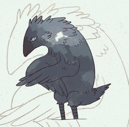 anthro blue_eyes feathered_arms feathers grey_body grey_feathers male male_anthro mouth_closed simple_background solo standing tail tan_background strawgoatcult avian bird corvid jackdaw oscine passerine 2026 english_description portrait three-quarter_portrait